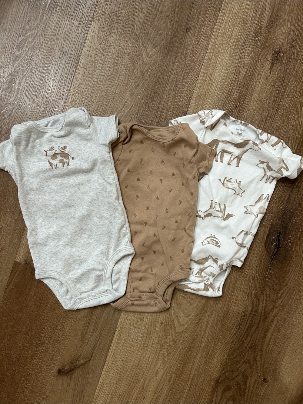 3 piece Carter's Neutral Farm Animal Bodysuits - Cream, Brown, Oatmeal 6mo